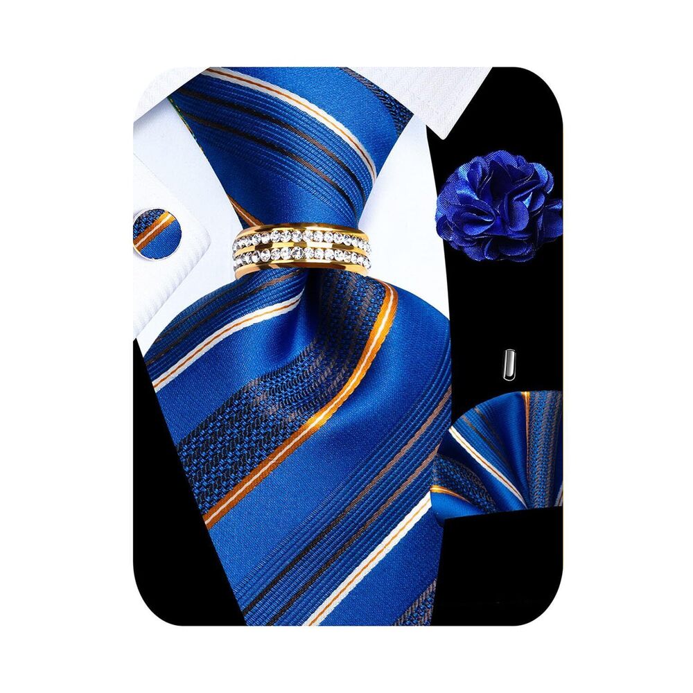 7127 5PCS Blue Striped Silk Tie, Pocket Square, Cufflinks, Drilled Tie Ring